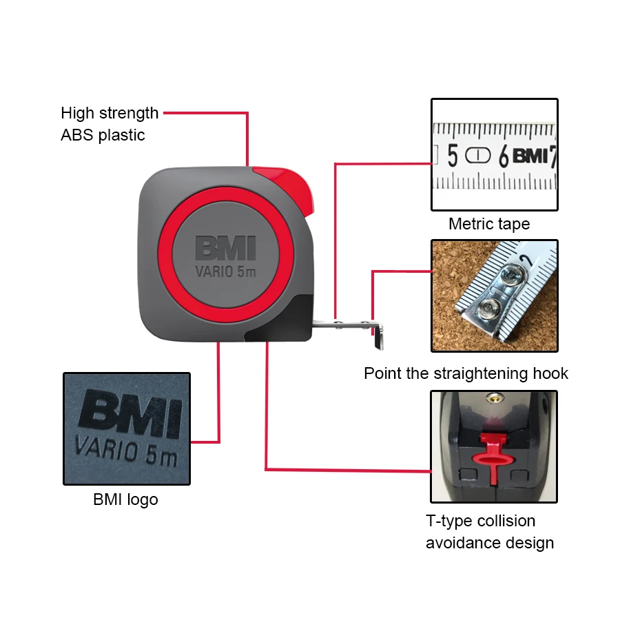 Einziehbares Maßband der BMI 411-Serie mit mm-Abschluss, 2 m/3 m/5 m/8 m, EC-Klasse II, hochpräzises Anti-Fall-Maßband für die Holzbearbeitung