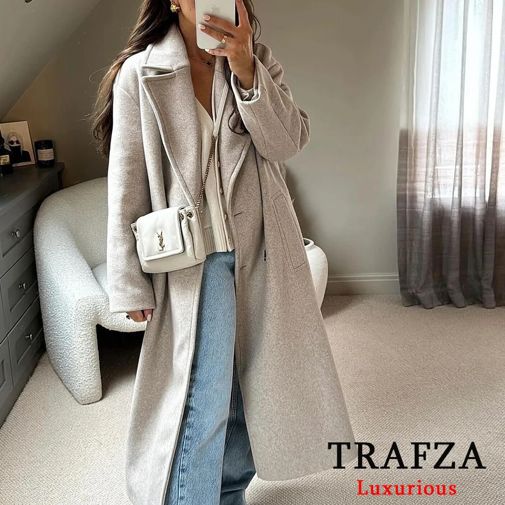 TRAFZA Vintage Chic Solid Women Overcoat Double Breasted Turn-down Collar Oversized Long Jackets Fashion 2024 Autumn Winter Coat