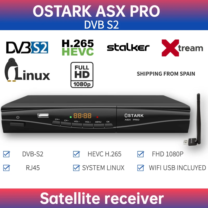 Ostark ASX Pro DVB-S2 system linux H.265 RJ45 USB Youtube Stalker Xtream wifi included shipping from Spain