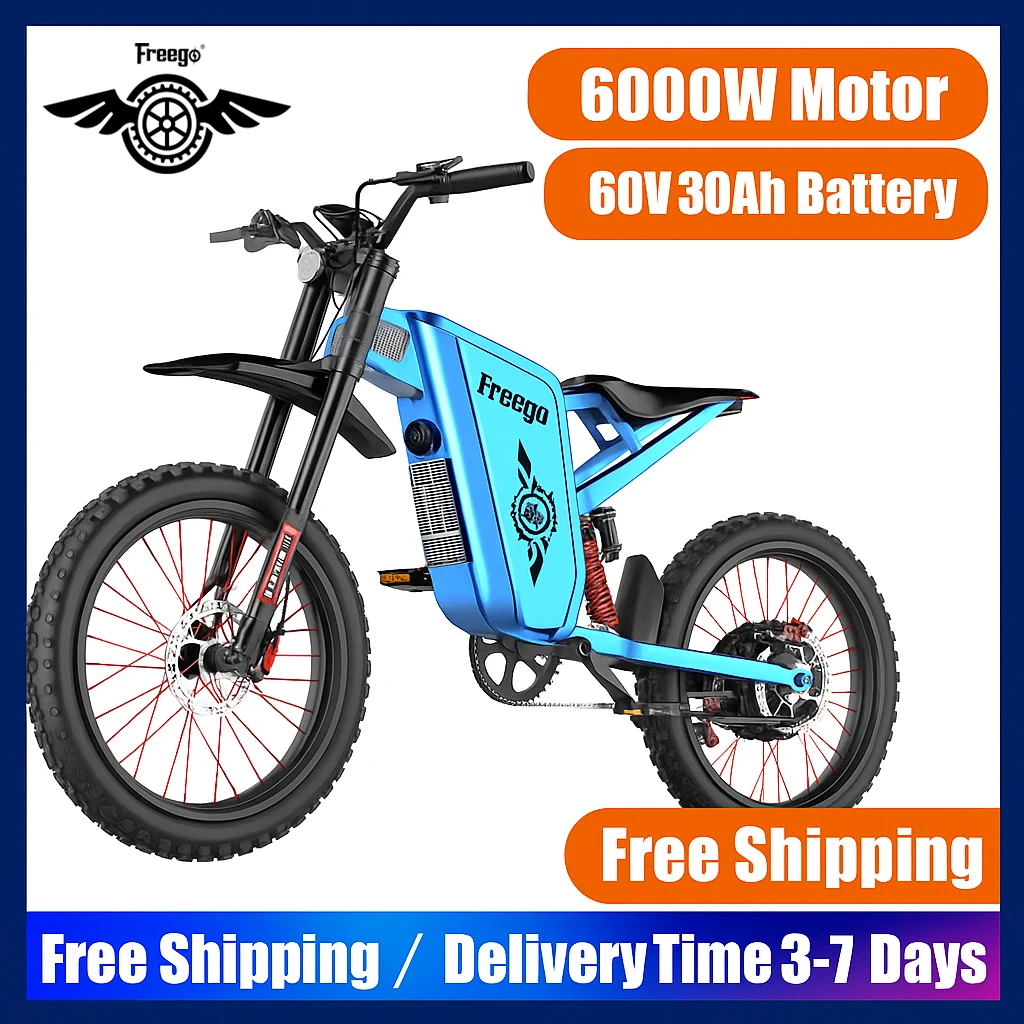 

Freego X2Pro Electric Motorcycle 6000W(Peak) Motor 60V/30Ah Battery Hydraulic Brake 50MPH/7 Speed Off Road Electric Bicycle