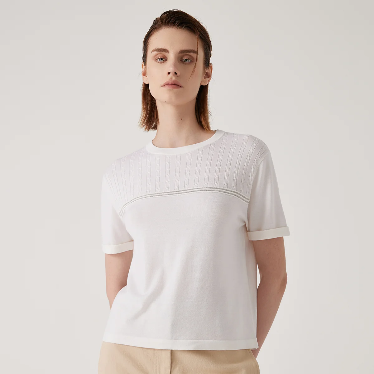

BC672 Luxury Women Wool Silk Knit T-Shirt Slim Fit Crew Neck Short Sleeve Pullover High End Designer Cable Knitwear Jumper