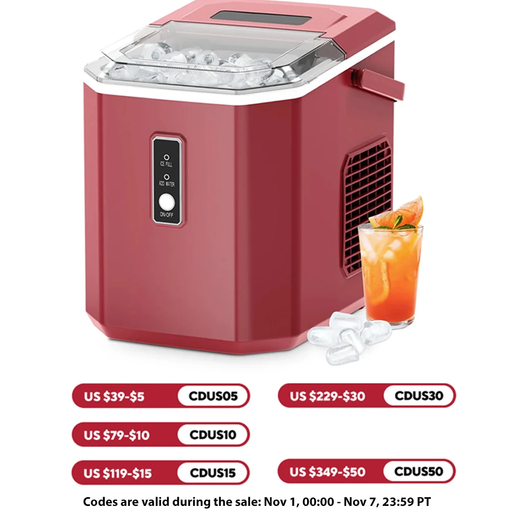 Ice Maker Countertop , 26.5 lbs/24H, 9 Cubes in 6 Mins,Self-Cleaning, Portable Ice Maker with Handle for Home,Red