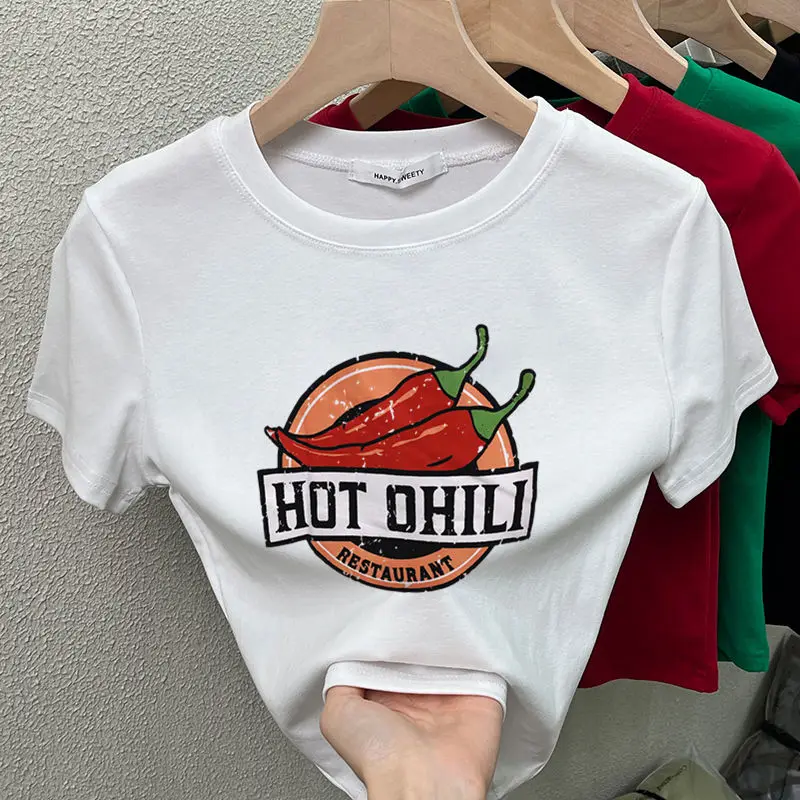 Cotton American-style Klein Blue Chili Pepper Letter Cartoon Printed Short-Sleeve T-shirt Women's Summer Casual Slim Short Tops