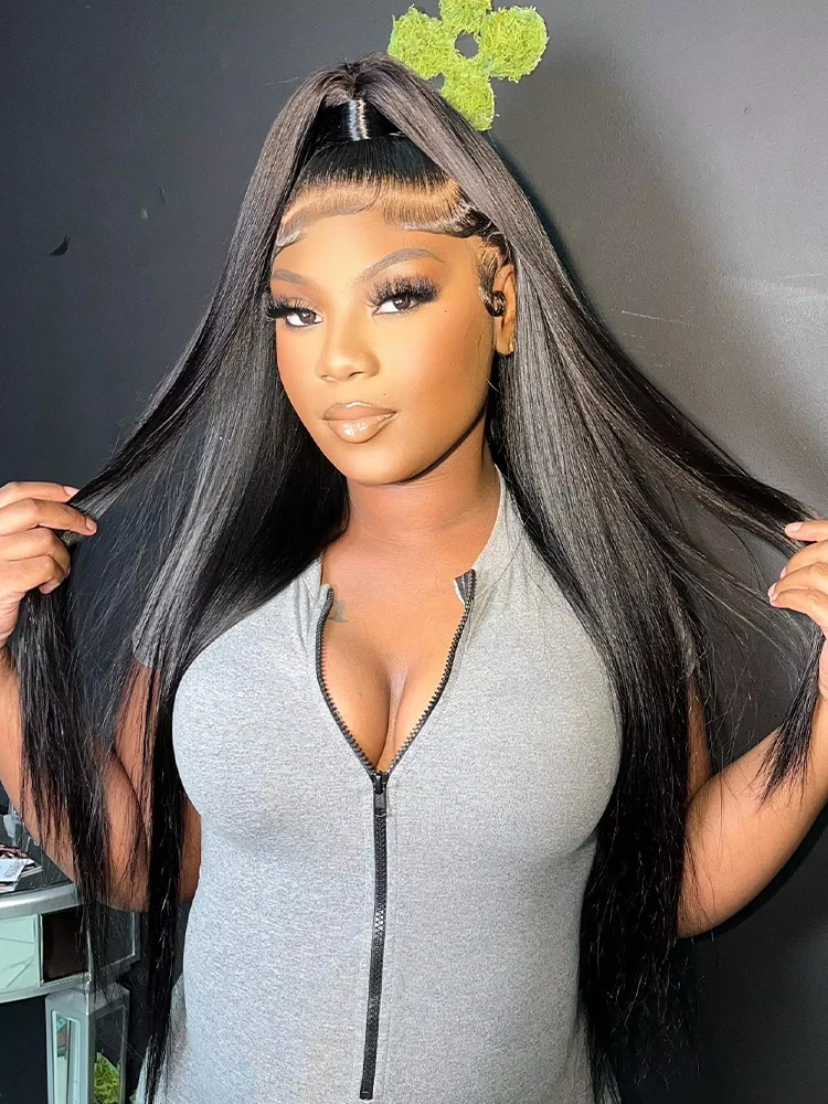 

30-40-дюймовый парик из бразильских натуральных волос, прямой, с полной кружевной основой 360, плотность 300%, предварительно выщипанные волосы, HD кружевной фронтальный парик 13x6 для чернокожих женщин