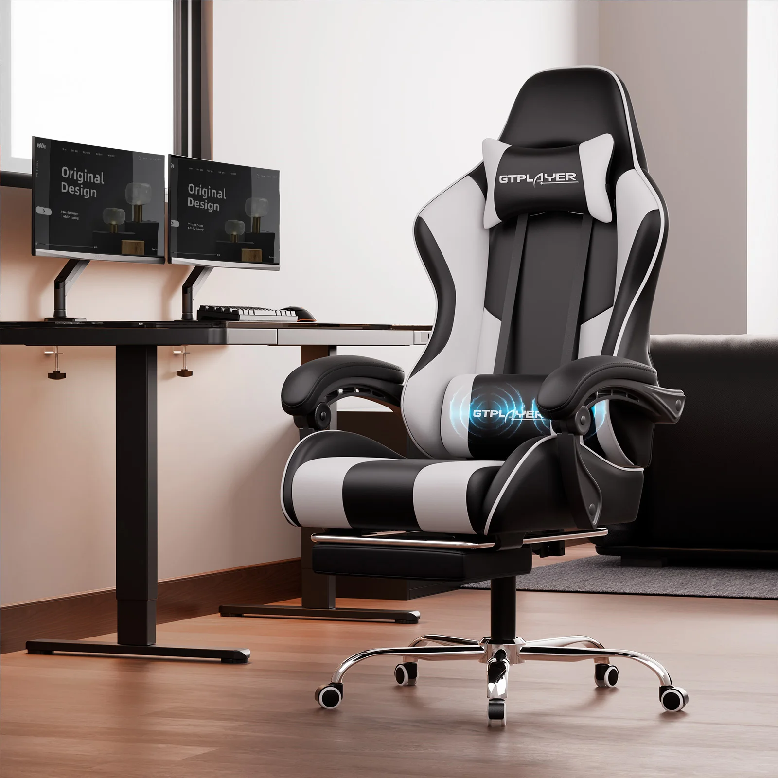 GTPLAYER Silla Gaming con Masaje, Silla Ergonómica para Oficina o Gamer con Reposapiés, Cojín Lumbar y Reposacabezas