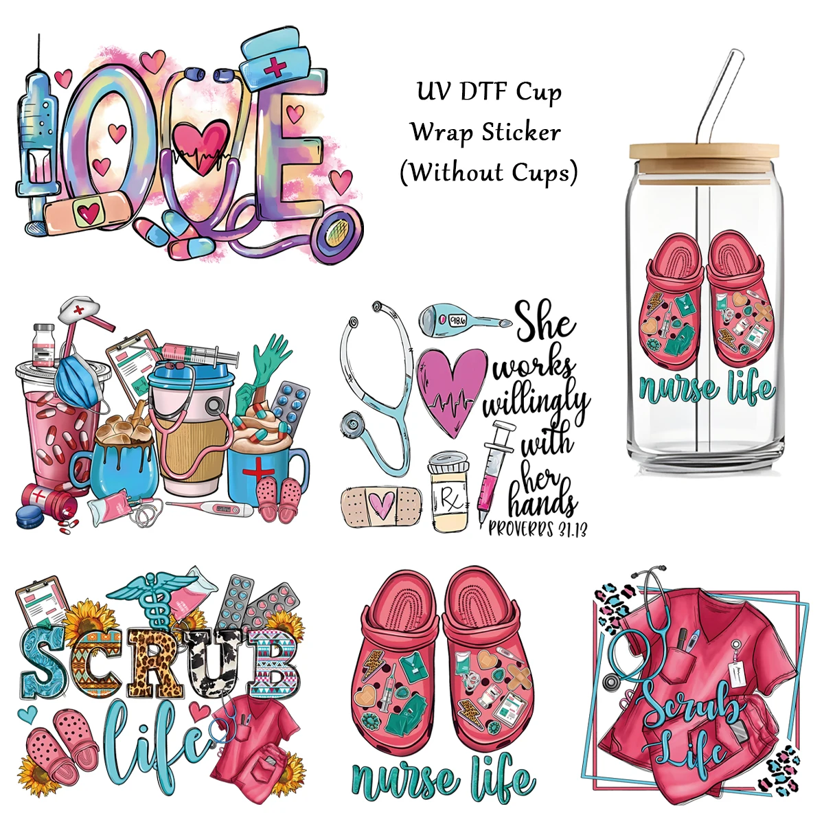 

1sheet Creative Nurse Holiday Stickers, 3D UV Crystal Stickers For 16OZ DTF Glass Packaging Cups, DIY gift stickers