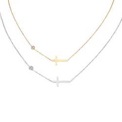Stainless Steel Sideways Cross Necklace for Women, Adjustable CZ Chain Necklace Pendant Waterproof Tarnish Free