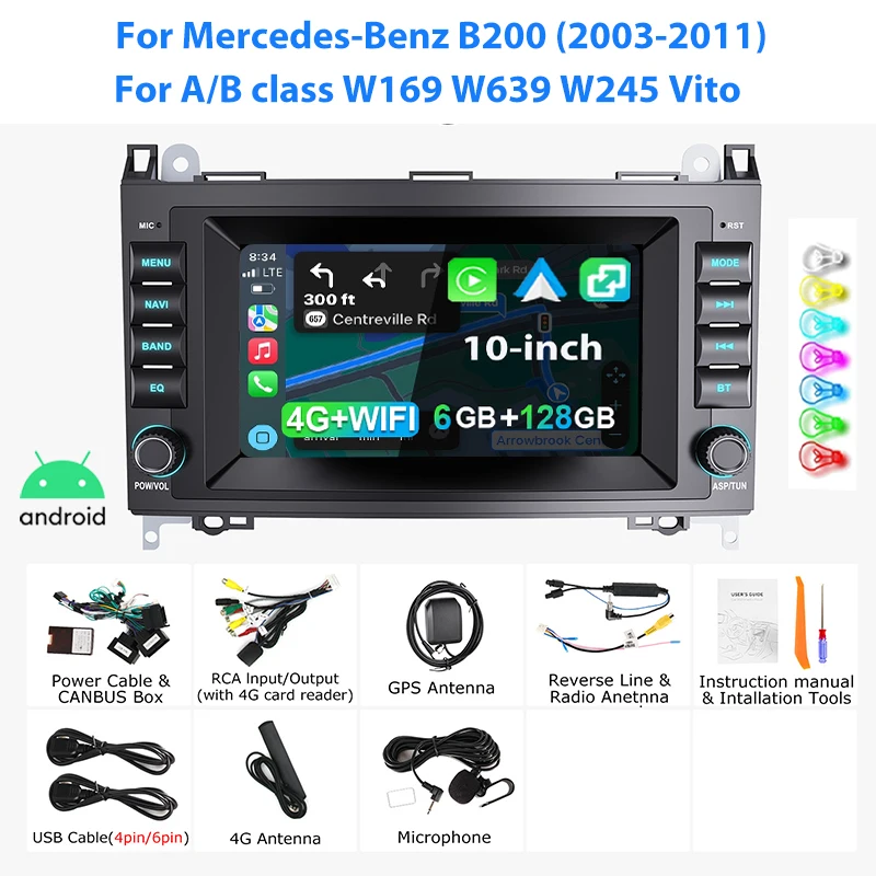 ESSGOO 7'' Android15 2+64G 2+32G 6+128G voor A-klasse B-klasse W169 W639 W245 Vito autoradio draadloze CarPlay Android Auto GPS navigatie RDS FM WiFi Bluetooth Mirror link touchscreen