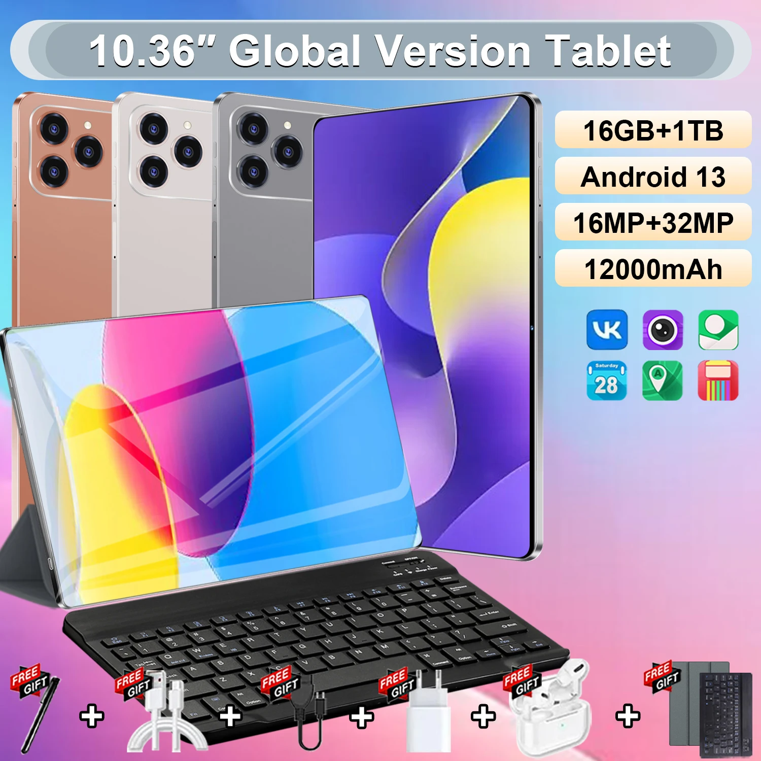 Tableta de 10.36 Pulgadas, Android 13, 10 Núcleos, 12000 mAh, 16 GB de RAM + 1 TB de ROM, Google Play, Tabletas PC, 5G, Cámara Dual, Doble