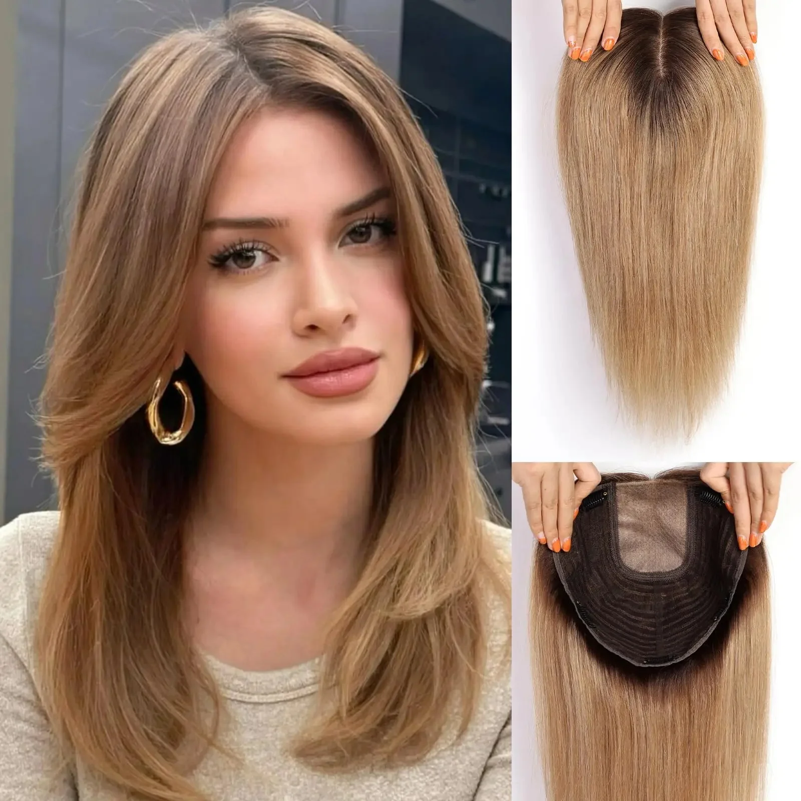 16 inch Bruin Ombre Menselijk Haar Toppers 9x9 inch 5 Clips Zijde Basis Natuurlijke Grote Basis Remy Haar Toppers in Extension Stuk voor Vrouwen - afbeelding 2