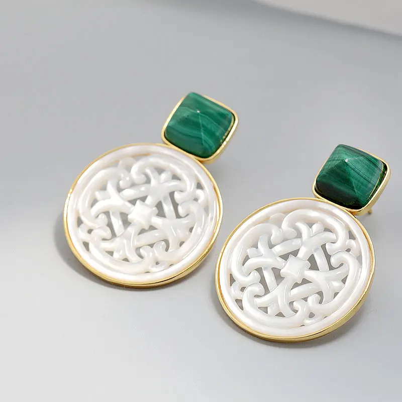 Natural White Shell Openwork 18K Gold Plated Earring Inlaid Black Agate 925 Sterling Silver Earrings Fashion Fine Jewelry Gift