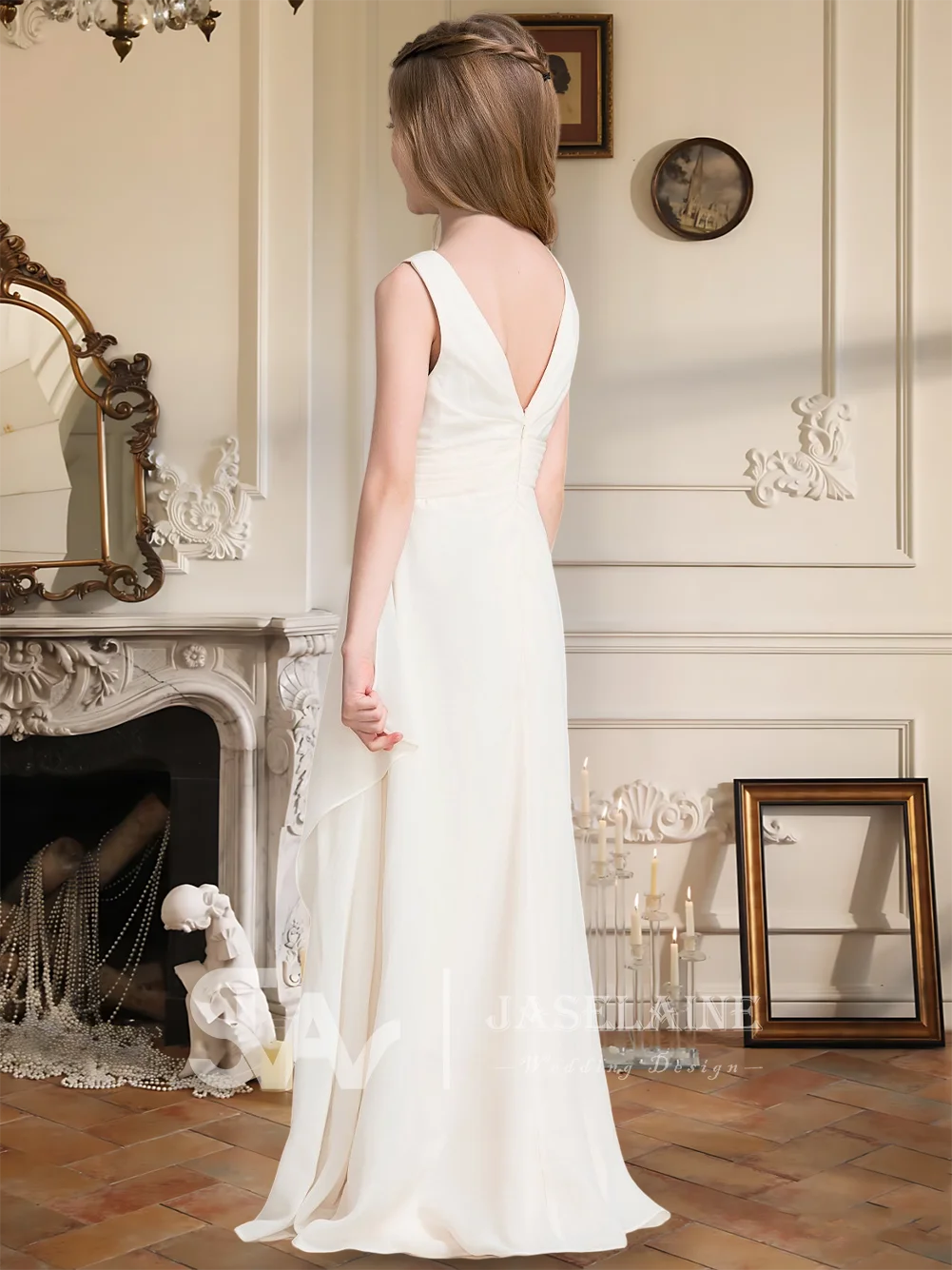 

B Ivory A-Line Floor-Length Chiffon Junior Bridesmaid Dress With Cascading Ruffles Girls Formal Party Occasion Flower Girl Dress