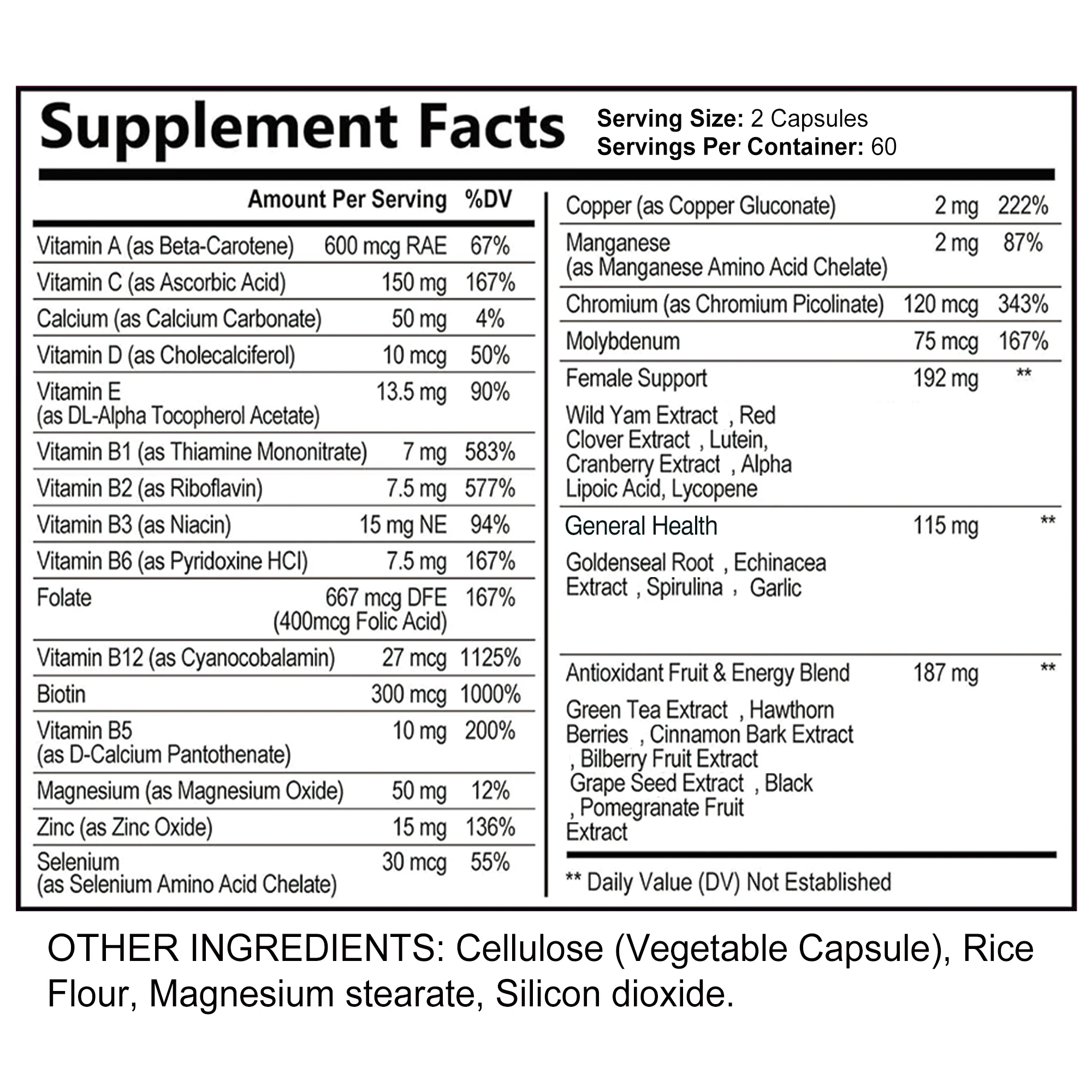 Women's Daily Multivitamin - Help Heart Brain Immunity Skin & Hair, Promotes Energy Production - 120 Capsules