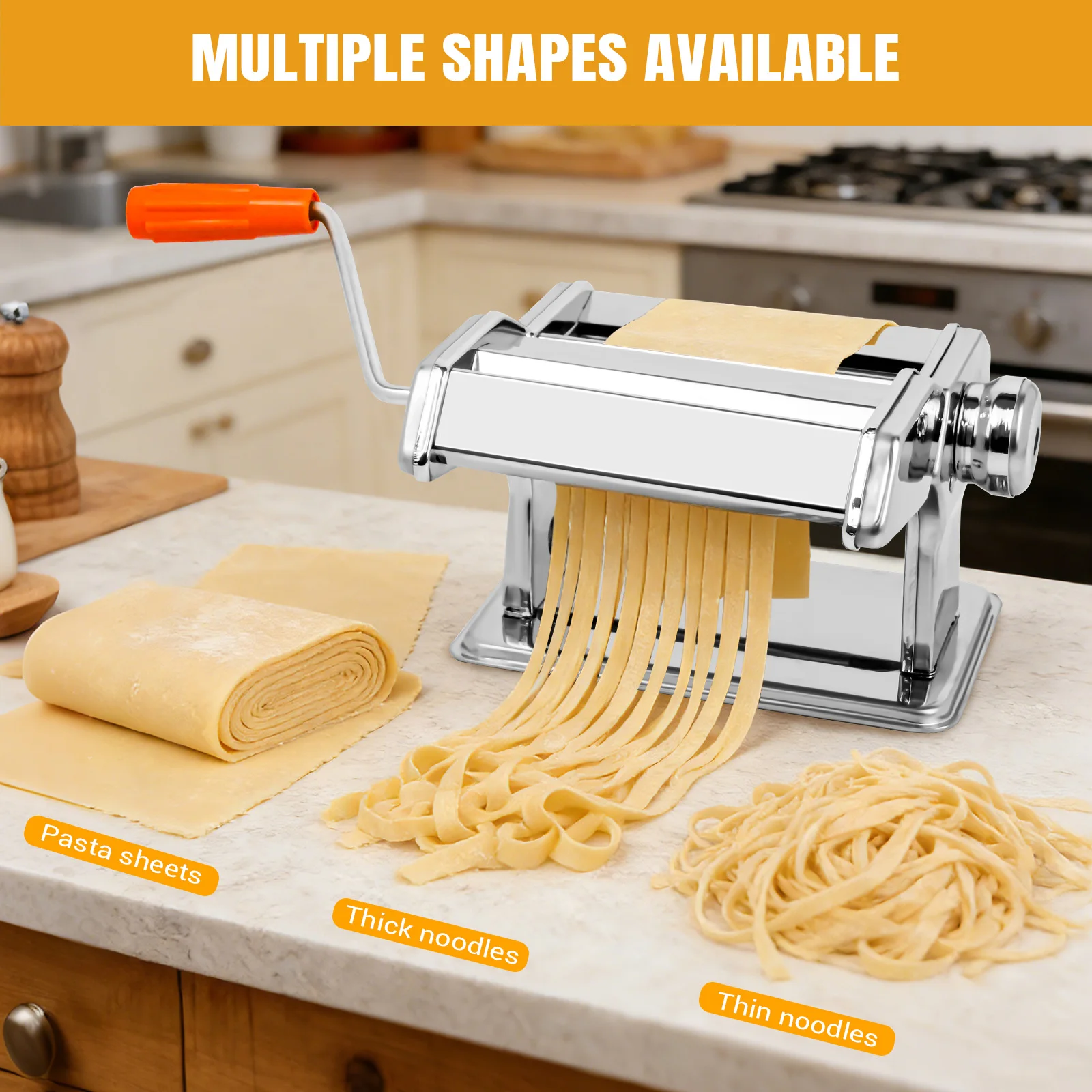 Stainless steel pasta maker machine side view showing clamp and handle mechanism