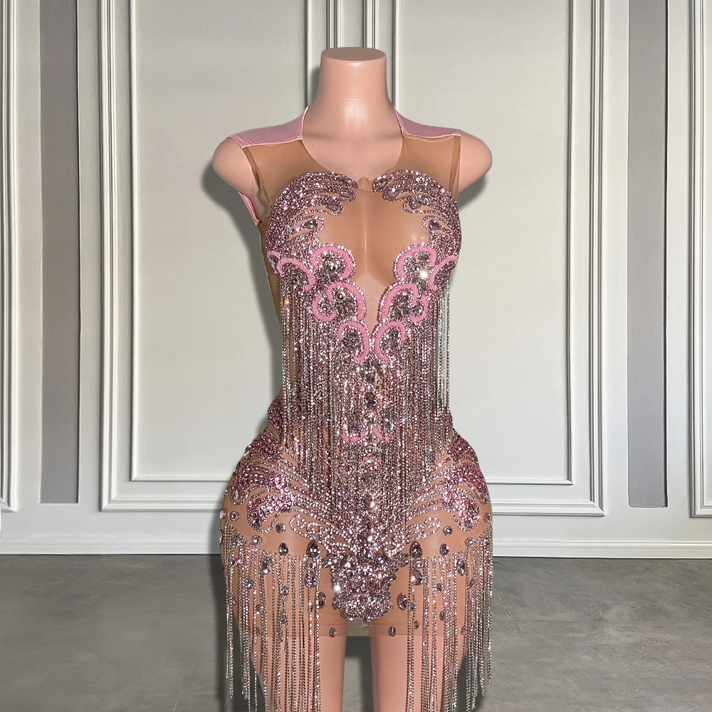 

Luxury Pink Rhinestones Short Prom Dresses 2025 Sexy Sheer Mesh Diamond Beaded Tassel Mini Birthday Party Cocktail Gowns