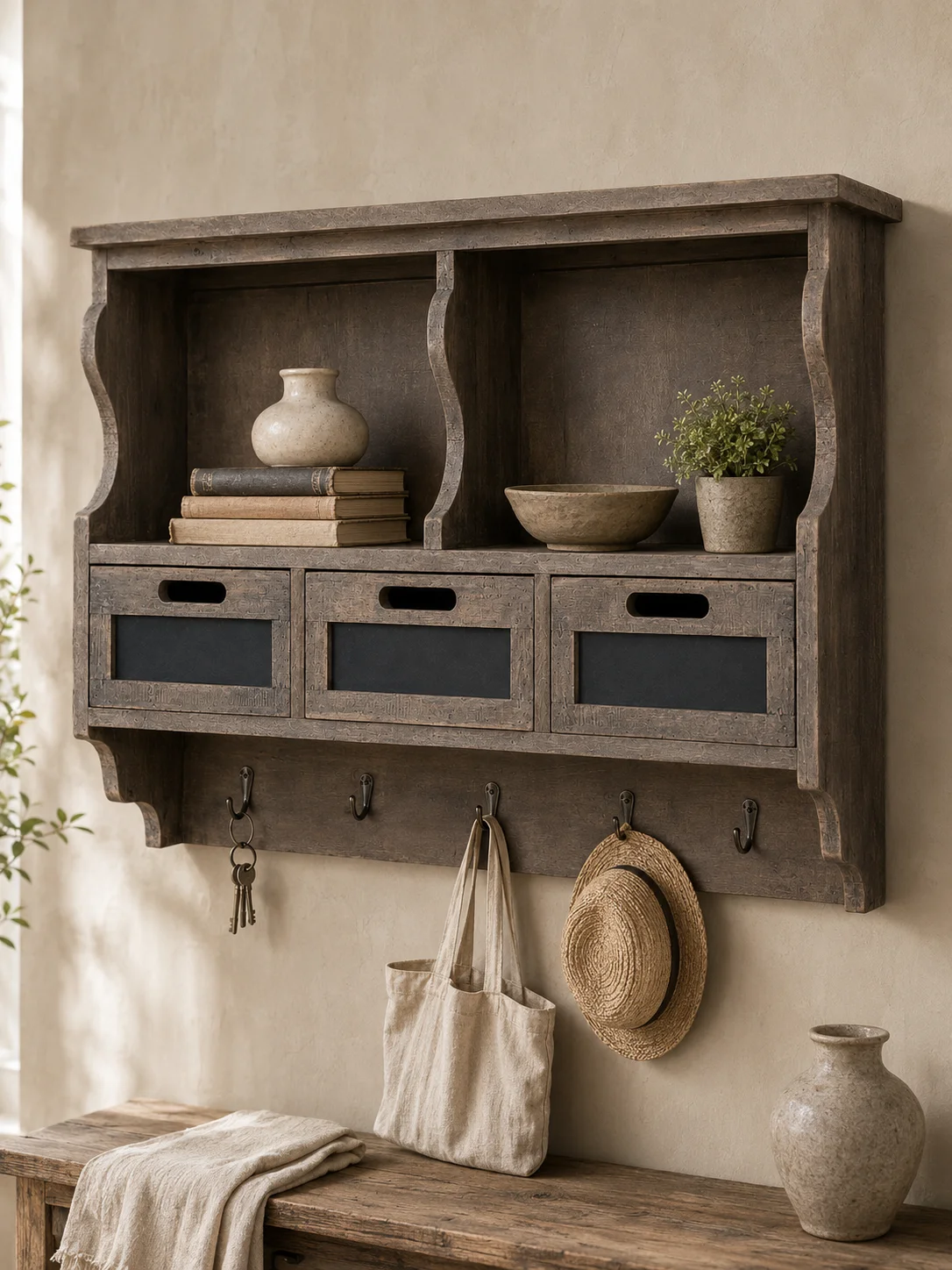 Handmade Vintage Wood Wall Shelf with 3 Drawers 5 Hooks, Thick Old Wood Rustic Storage Cabinet Farmhouse Organizer