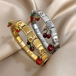 Geometric Square Stainless Steel Elastic Strap Bangle Bracelets for Women Strawberry Cherry Apple Pendant Bracelets Hand Jewelry