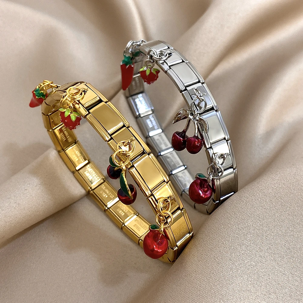 Geometric Square Stainless Steel Elastic Strap Bangle Bracelets for Women Strawberry Cherry Apple Pendant Bracelets Hand Jewelry