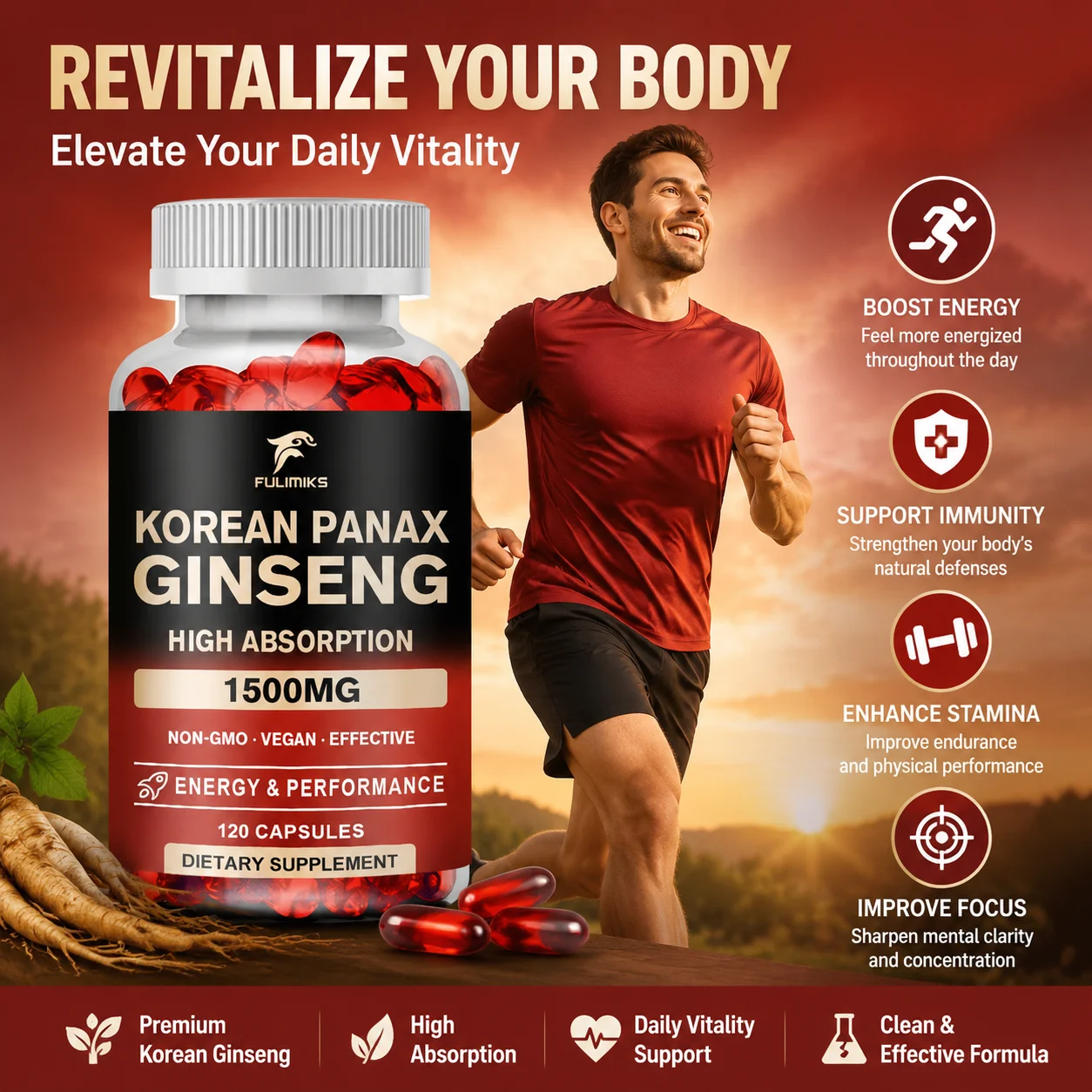 Panax Ginseng 15,000 mg - Red Korean Ginseng Supplement for Men - Extra Strength - Energy, Focus, Productivity & Performance - view 5