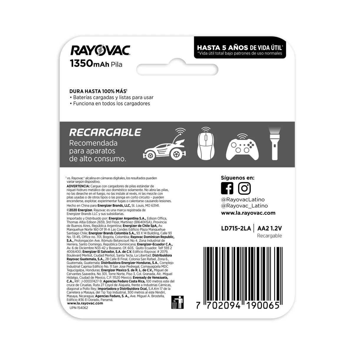 4 batteries rechargeable Rayovac size AA 1350 Mah batteries