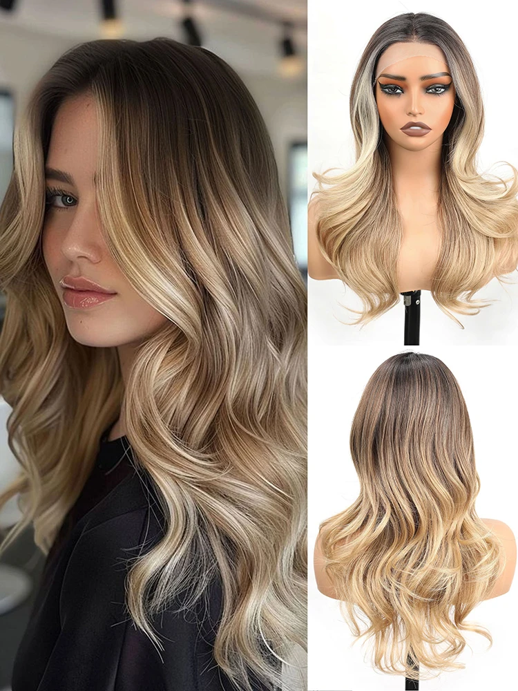 

Синтетический парик с кружевной основой под золотистый оттенок, 13x4, с высококачественным кружевом и многослойными волнами, подходит для повседневного ношения женщинами, 26 дюймов.