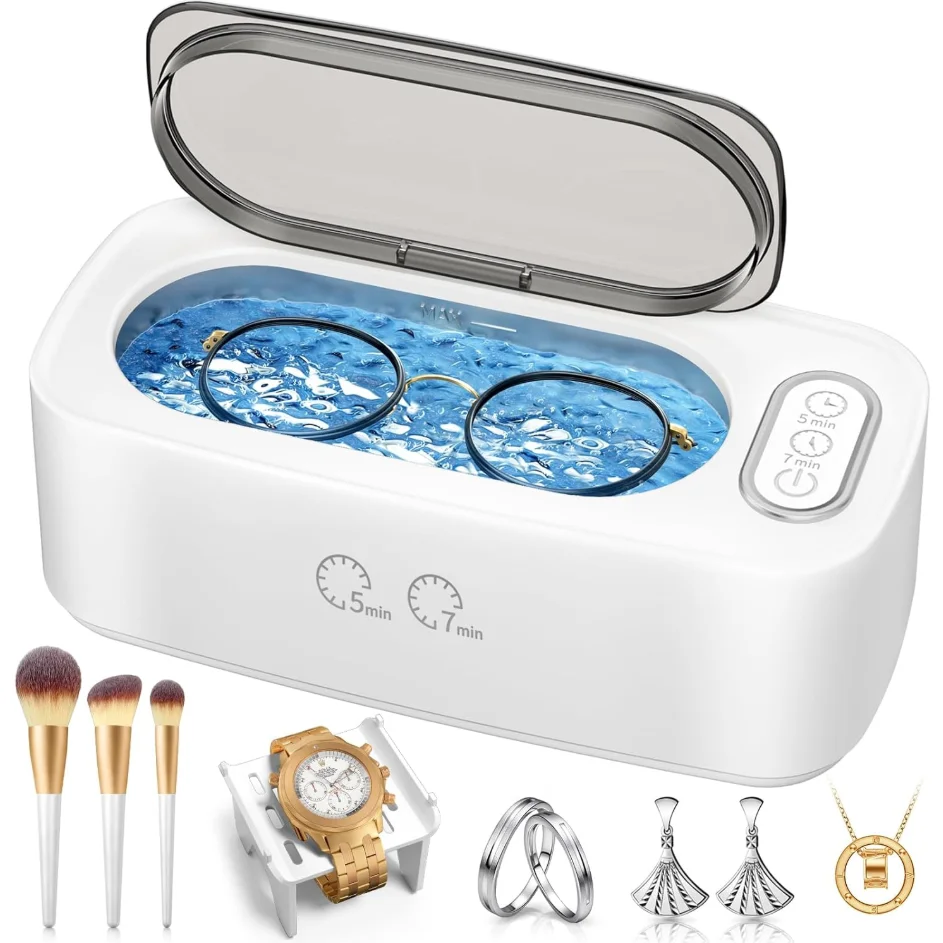 Jewelry Eyewear Watches & Accessories - 超音波クリーナーマシン 45000Hz 家庭用洗浄装置 メガネ、ジュエリー、時計、入れ歯、化粧ブラシ用 ポータブル超音波メガネクリーナー 5/7分タイミング機能付き
