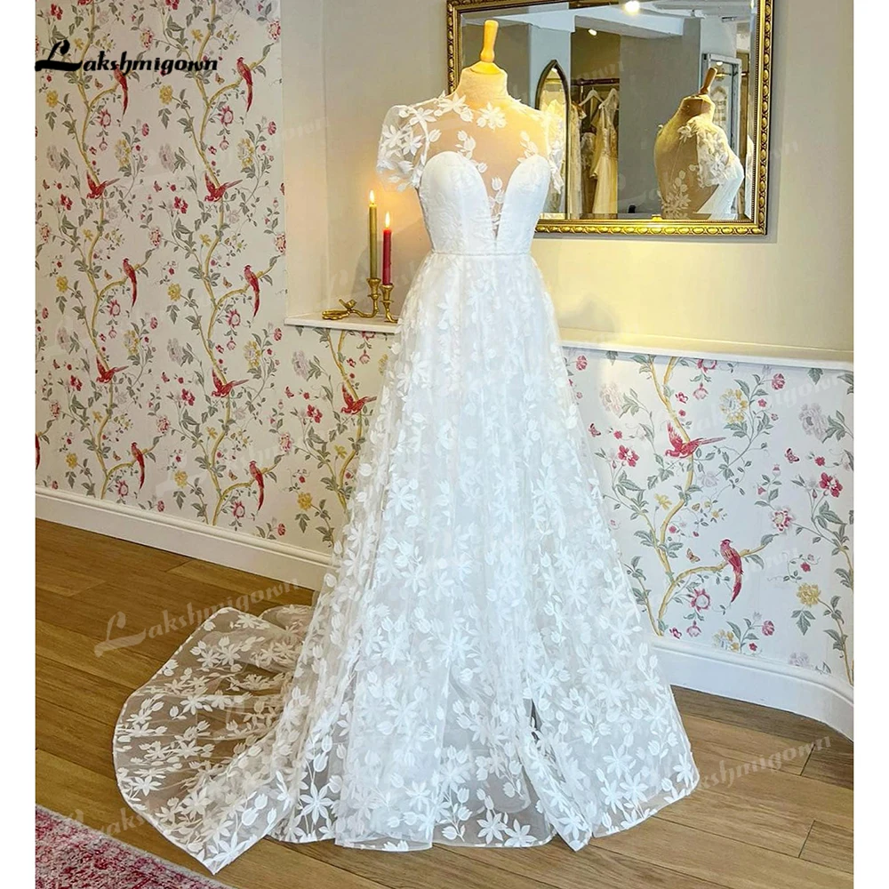 Robe De mariée trapèze en dentelle, élégante, col rond, manches courtes bouffantes, style Boho, 2023