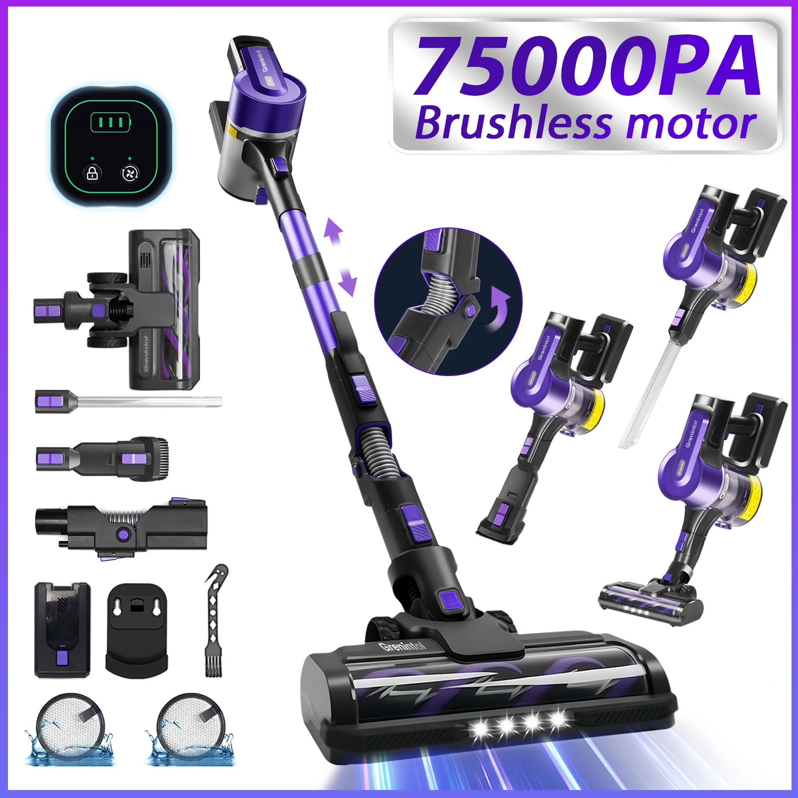 Aspirateur sans fil Grenintol S119 Portable |   Aspiration puissante de 500 W/75 kPa |   Réglage en trois étapes de la flexion |   Adapté aux animaux de compagnie