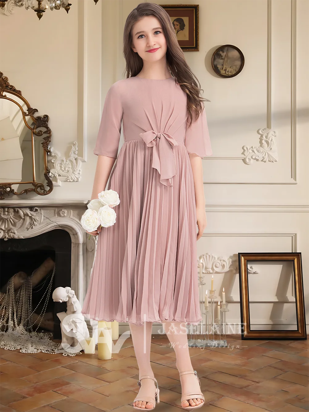 A Kids Elegant A Line Scoop Knee Length Chiffon Junior Bridesmaid Dress With Bow Pleated Flower Girl Dress For Wedding Party