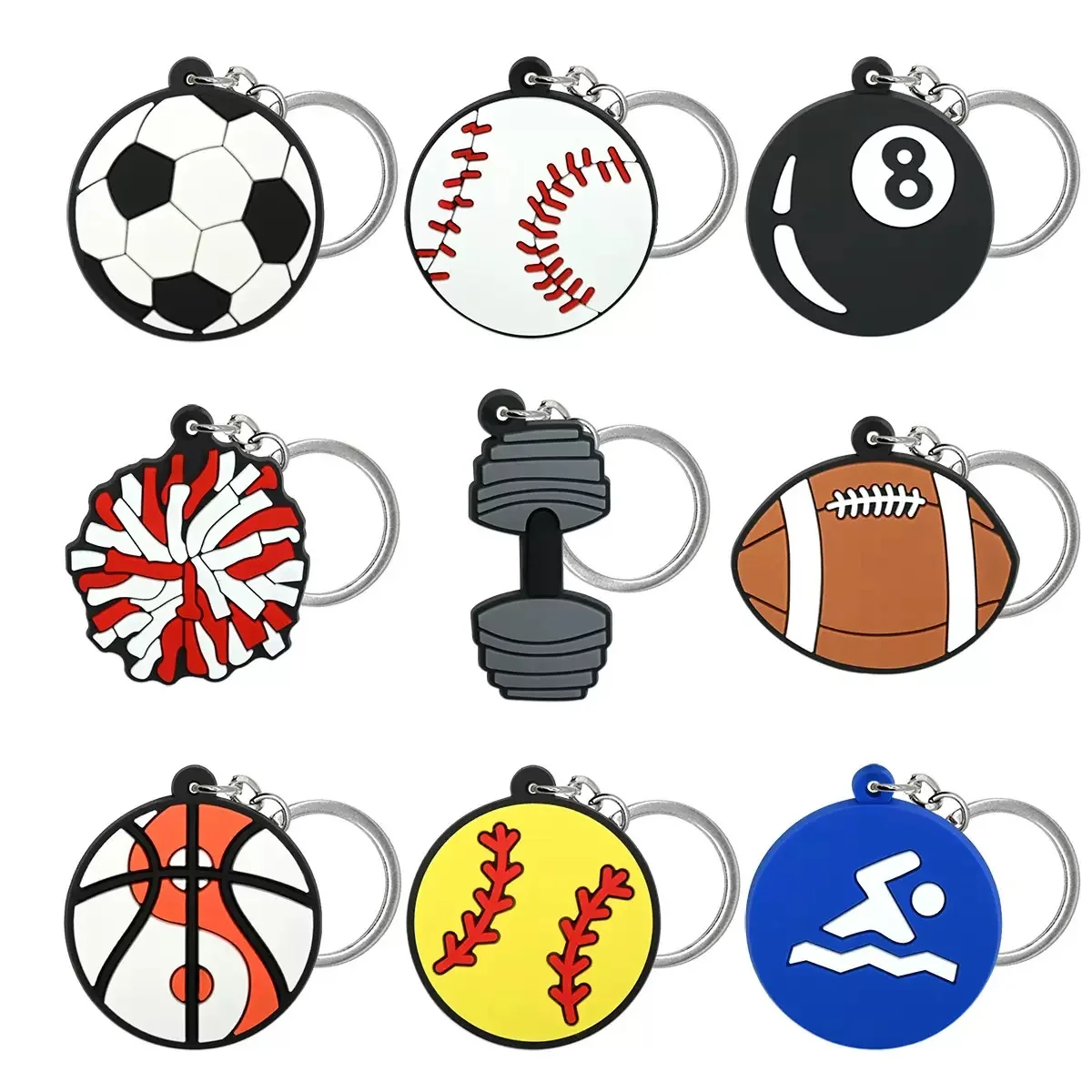 20 Fun and Creative Football Basketball Baseball Billiards Keychains Cartoon PVC Soft Rubber Keychains Car Keychain Bag Pendant