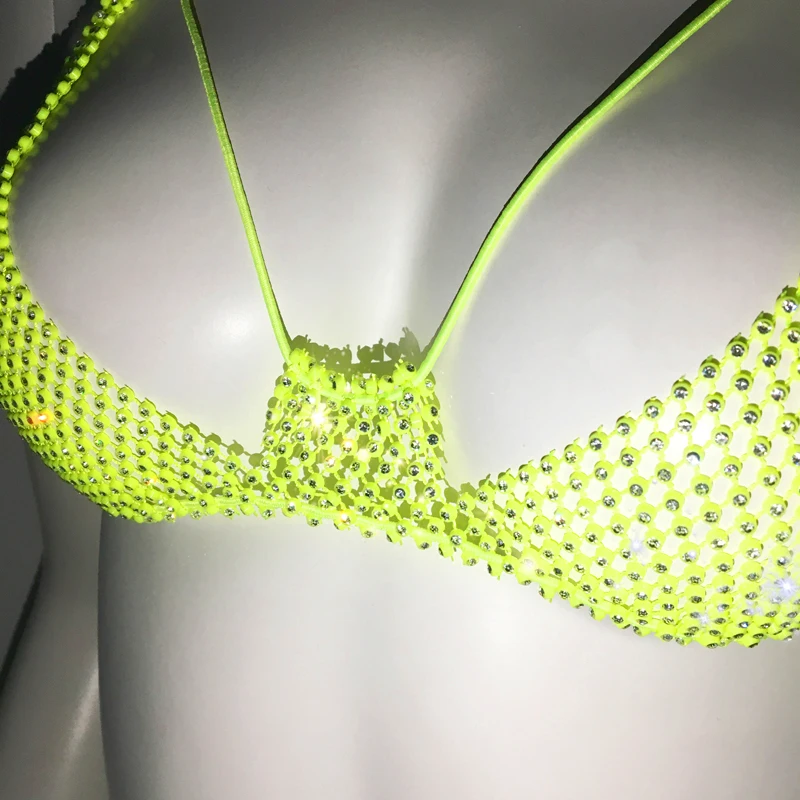 AKYZO-Bikini de rejilla brillante para mujer, traje de baño con diamantes de imitación, Tanga Sexy, fiesta Rave, 2 piezas