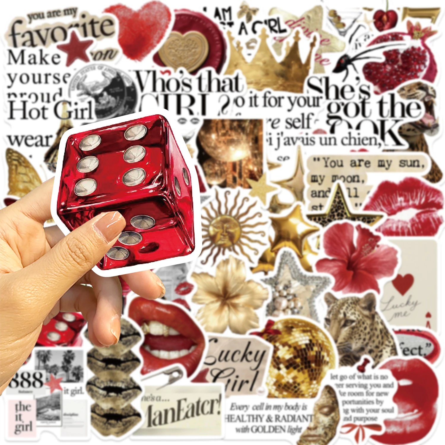 50/100 SZTUK Złoto-Czerwone Naklejki Y2k Szczęśliwe Dziewczyny Naklejki DIY Scrapbooking Telefon Bagaż Deskorolka Wodoodporne Naklejki PVC Coquette