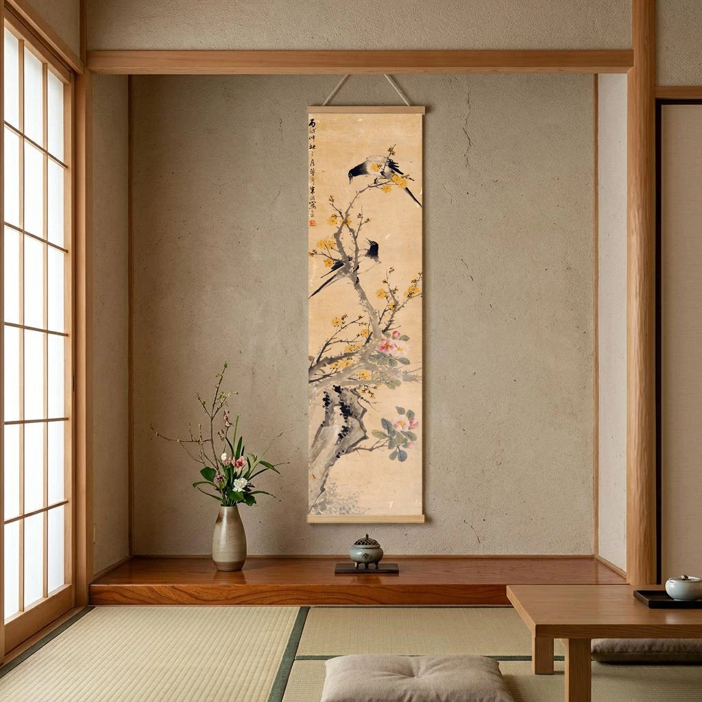Copy of ancient Chinese painting, antique freehand bird and flower art, plant art printmaking, Zhu Menglu, mid autumn and March