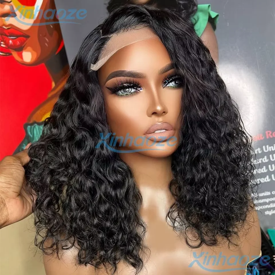 Right Side Part Water Wave #1 Jet Black Glueless Human Hair 5x5 Silk Top Lace Closure Wigs Pre Plucked 360/13x6 Lace Front Wigs