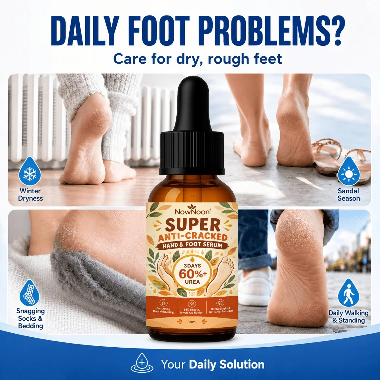60% Urea And 2% Salicylic Acid Hand And Foot Serum, Ultra-Strong Anti-Cracking Serum, Quick-absorbing moisture for dry hands and feet with a soft feel; Complete a home beauty routine with a gentle massage across cuticles and heel edges.