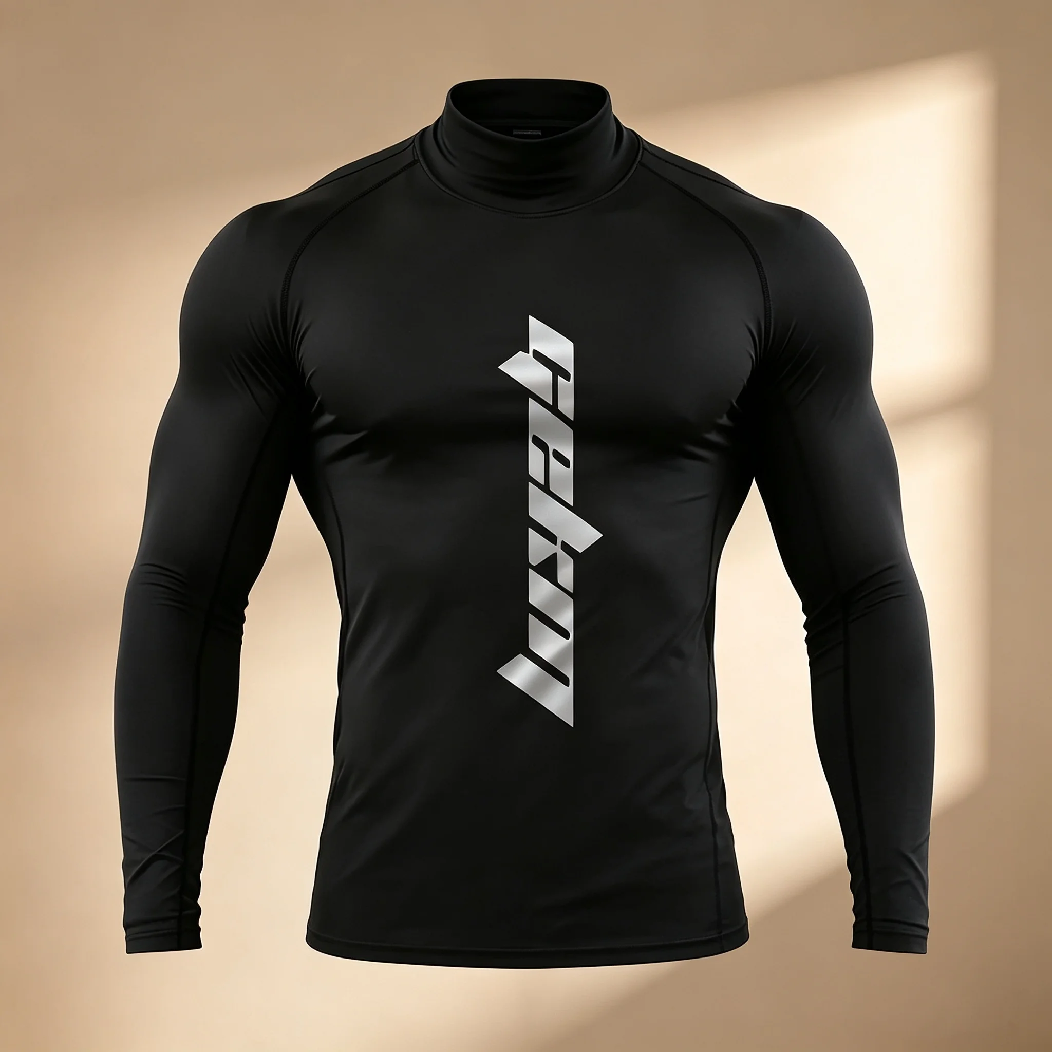 Men's High Neck Compression Long Sleeve Shirts Quick Dry Elastic Sports T‑Shirt Silver Print Gym Workout Running Fitness Athleti
