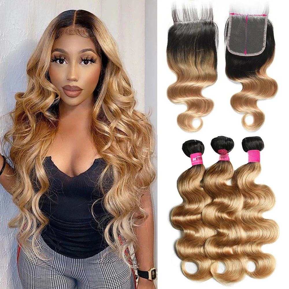 1B 27 Miodowy Blond Włosy w Pasemkach z Zamknięciem 4x4 Cala, Włosy Body Wave w Pasemkach z Zamknięciem, 100% Ludzkie Włosy w Pasemkach z Zamknięciem, Dowolna Część — zdjęcie 2