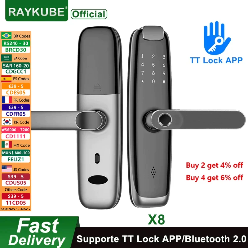 

RAYKUBE X8 Biometric Fingerprint Door Lock BT TTlock APP Smart Digital IC Card Electronic Home Security Keyless Entry Access