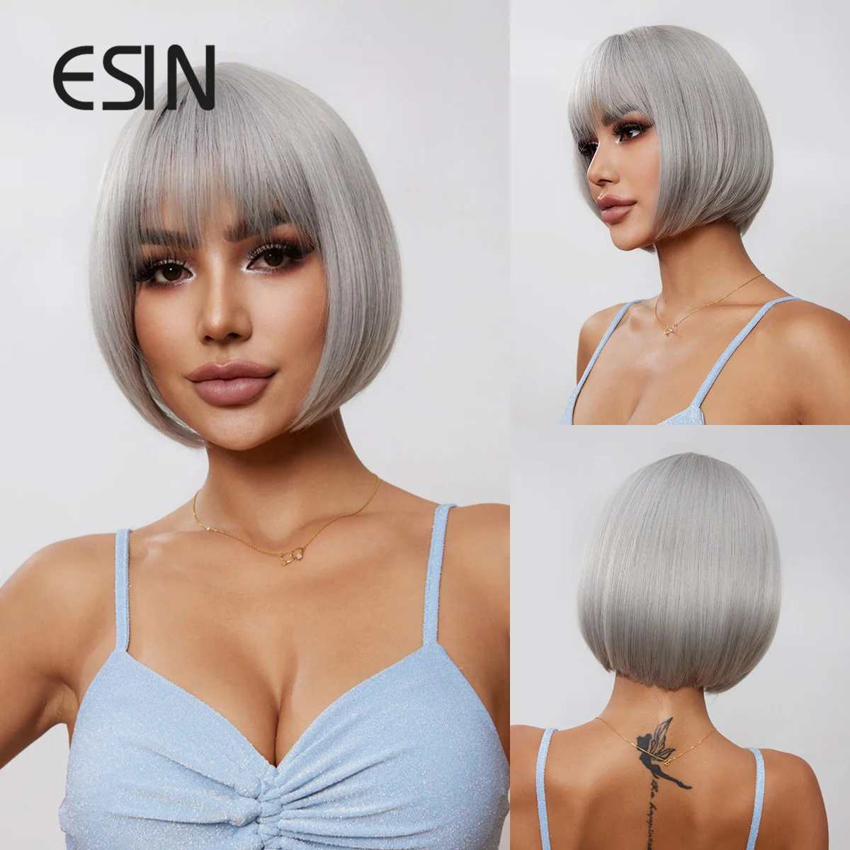 

ESIN Short Straight Bob Burgundy Silvery Hair Wigs With Bangs Synthetic Wig Heat Resistant Fiber Fluffy Hair for Women