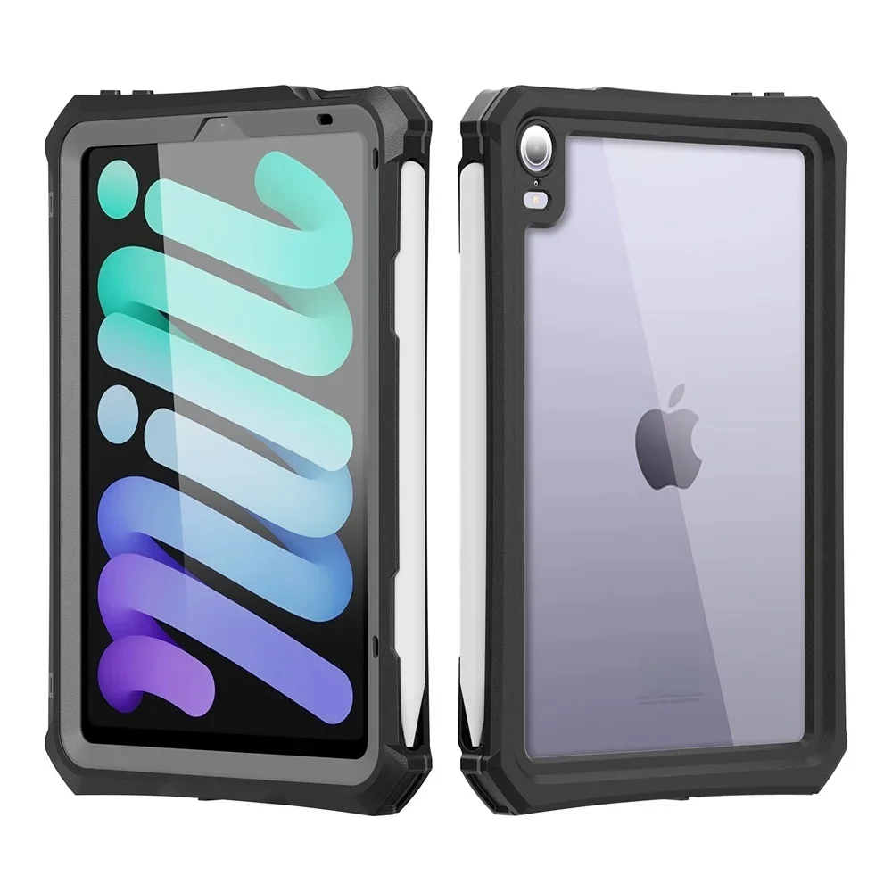 Wodoodporne etui Shellbox do iPad Mini 7, Mini 6, Mini 5, Mini 4 – pyłoszczelne, idealne do pływania, na plażę, z paskiem na ramię, wykonane z TPU+PC, przezroczyste. — zdjęcie produktu 7