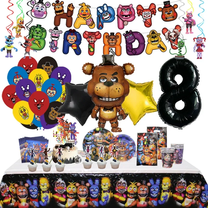 Décoration de fête d'anniversaire FIve Night At Freddys, ballon en aluminium FNAF pour enfants, fournitures d'événements, bannière de vaisselle jetable