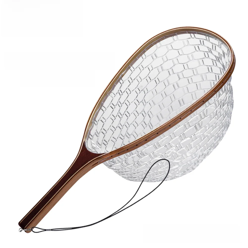 Filet d'atterrissage de pêche à la mouche, filet de capture et de libération de truite en caoutchouc avec poteau en bois, outil de pêche en plein air