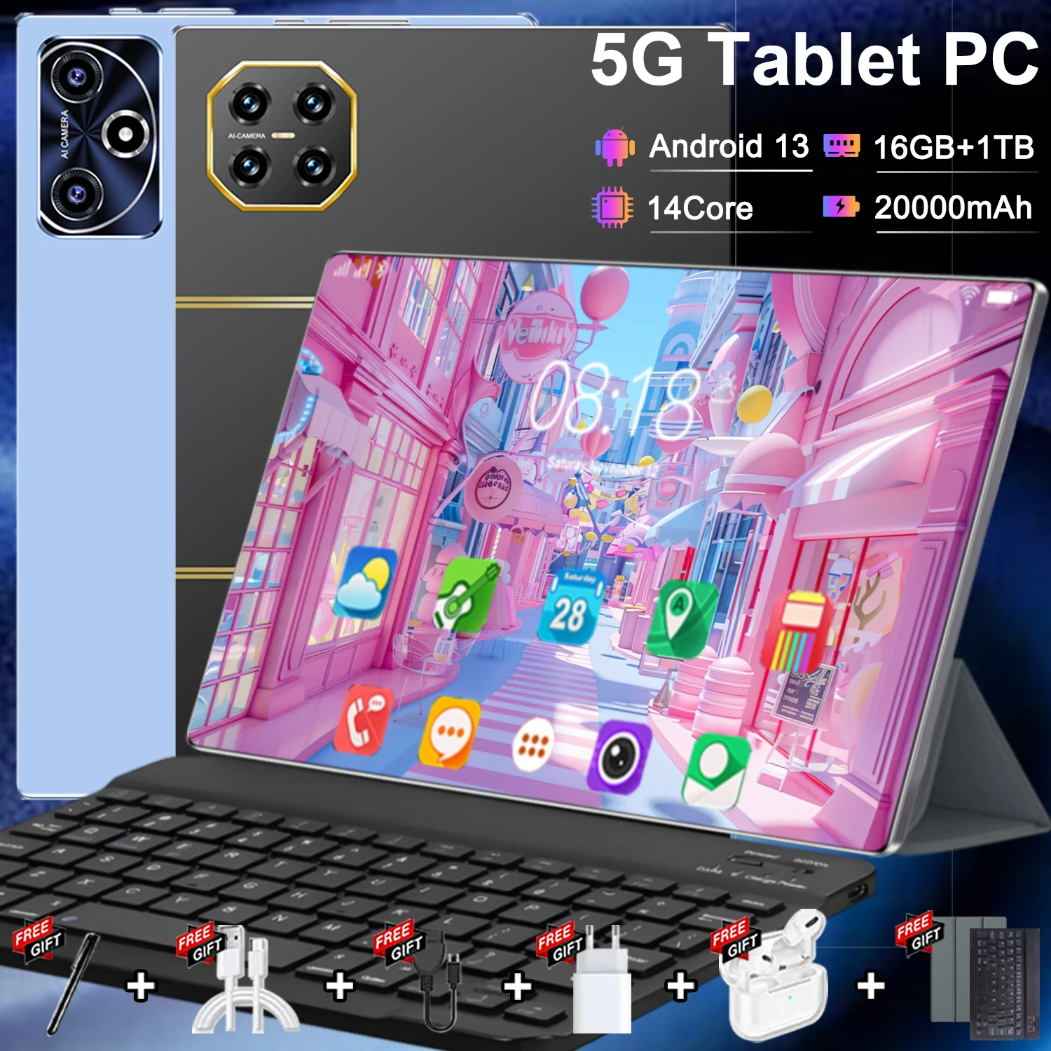 Tablet PC 5G, 14 Núcleos, Doble Cámara, Doble SIM, Google Play, Bluetooth, Wifi, 10.36 Pulgadas, Android 13, 16 GB de RAM + 1 TB de ROM