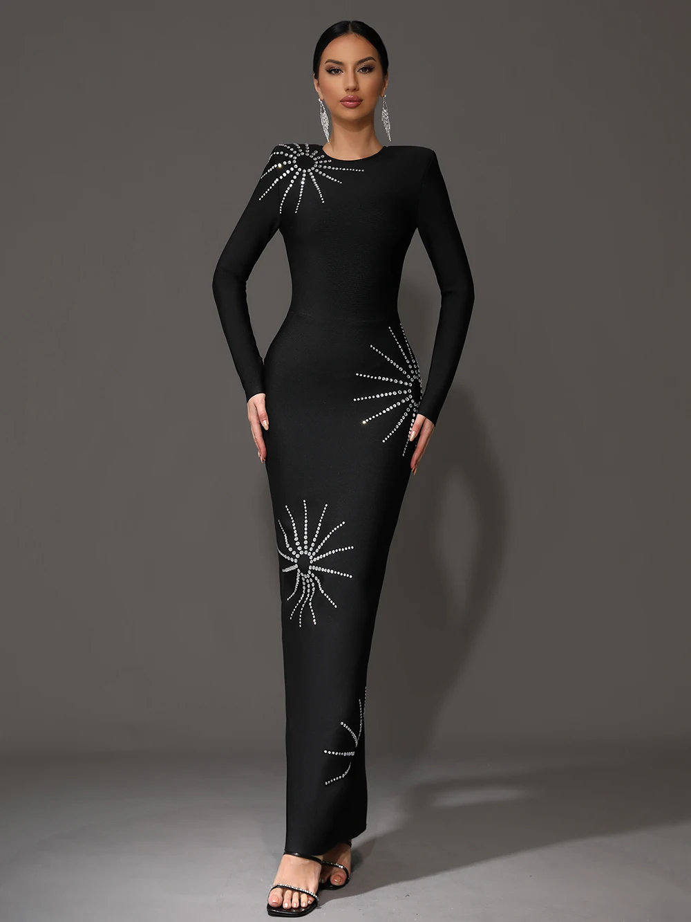 

Modphy 2024 New Autumn Luxury Diamond Tight Maxi Bandage Dress Women's Long Sleeve Rhinestone Bodycon Club Cocktail Party Dress