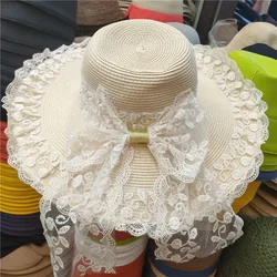 Summer Straw Hat Wide Brim Floppy Beach Sun  Hat Lace Big Bow