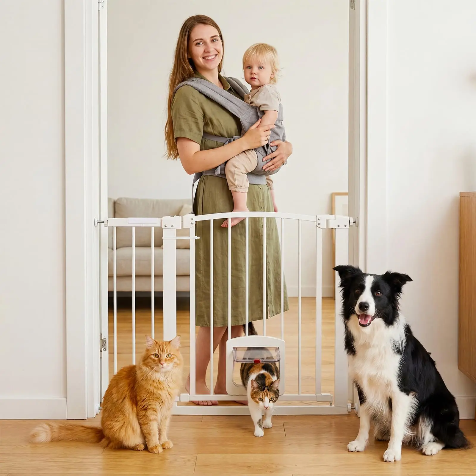 Pet Safety Gate, 30–41 Inch Wide Pressure Mount Dog Gate with Double Lock, Drill-Free Indoor Pet Barrier Gate for Doorways, Hallways, Stairs，White&Curved Adjustable