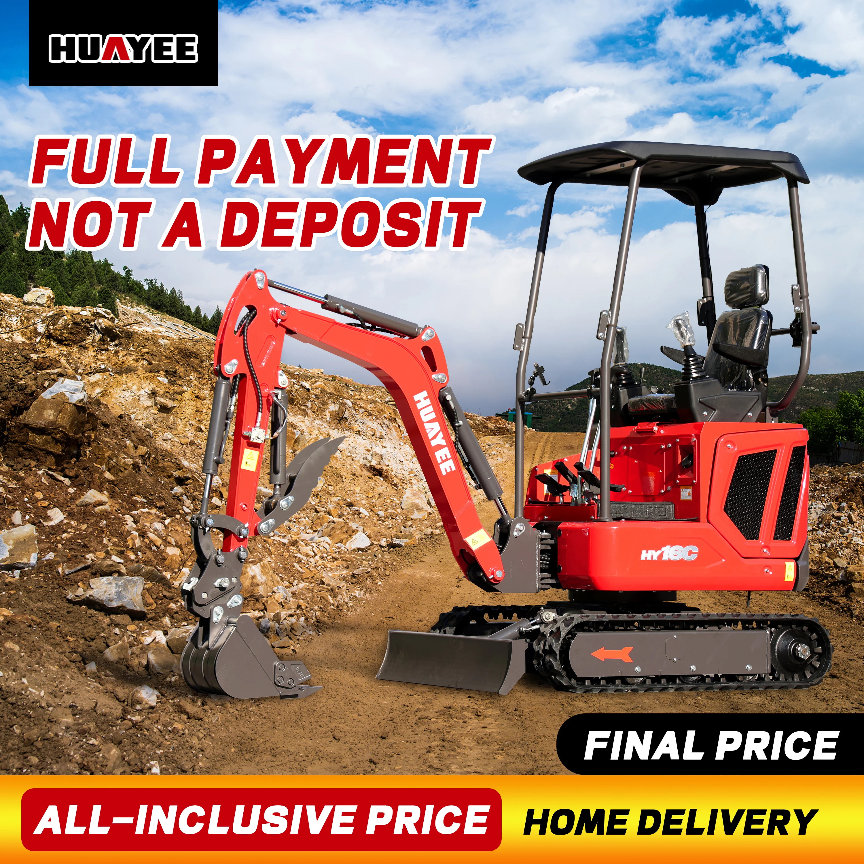 Pagamento completo, não um depósito Miniexcavadeira HY16C de 1,6 toneladas com braçadeira hidráulica e motor Kubota