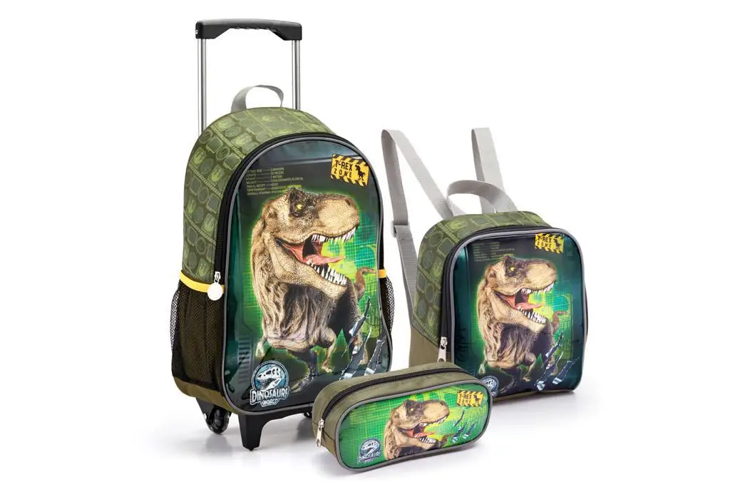 Kit Mochila Infantil Rodinha Dinossauro Lancheira Estojo