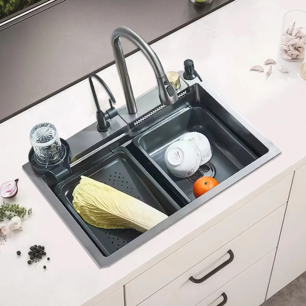 Fregadero de Cocina en Cascada de Acero Inoxidable 304, Fregadero Individual Grande Integrado de 60x45cm, Juego de Grifería con Dispensador de Jabón y Purificador de Agua