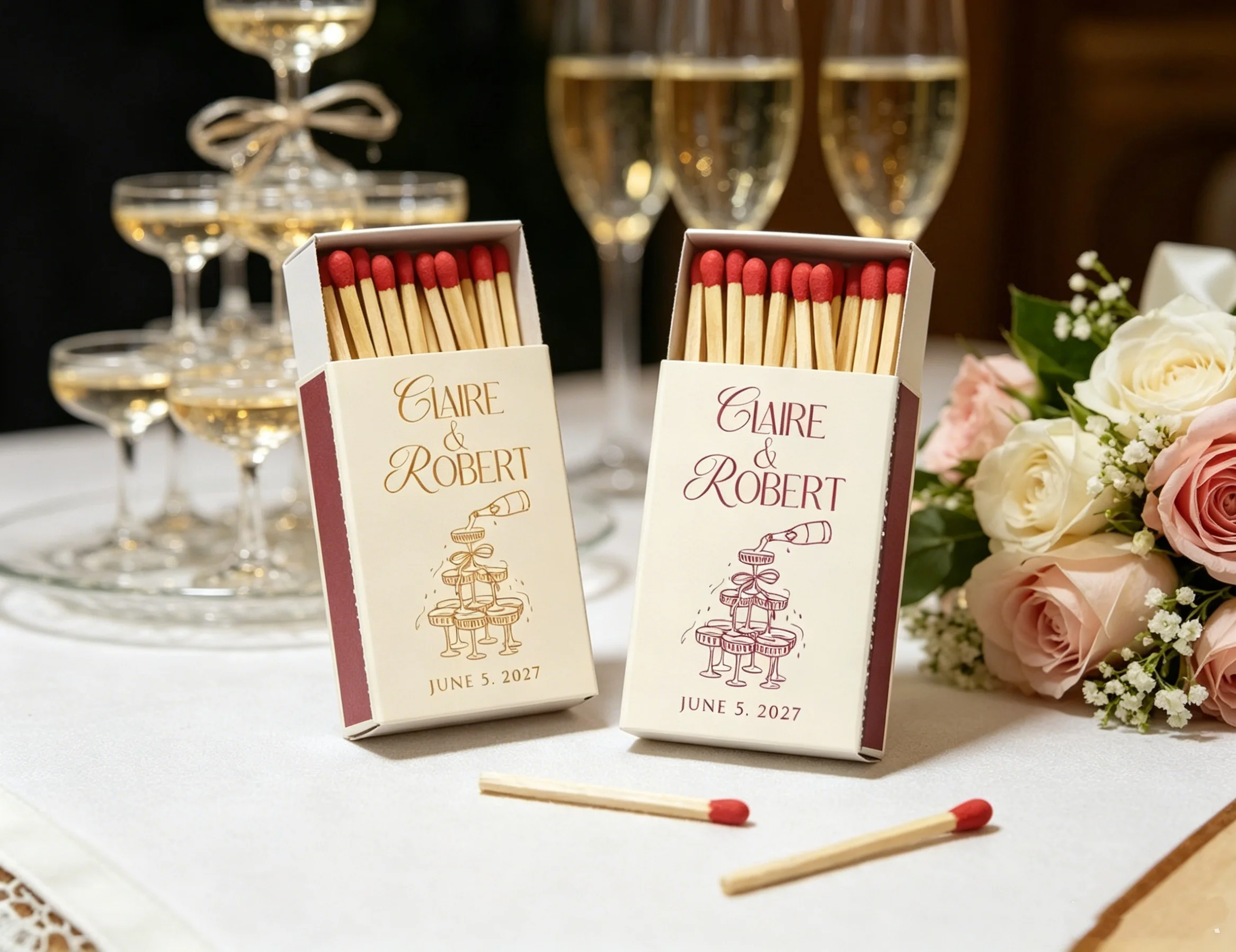 

Custom Reception Matches,Personalized Wedding Matchbook Favors: Champagne Tower Design